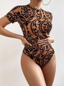 Chiquease Baroque Print Mock Neck Bodysuit - Brown - View 3