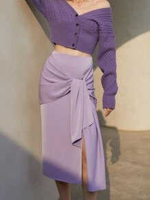 高腰前垂褶高衩半身裙