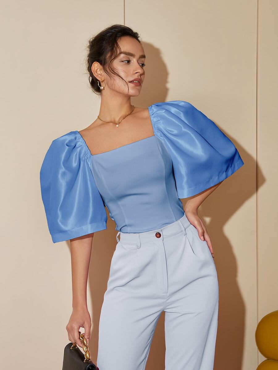 Blusa cuadrada de manga abullonada de unicolor moderna Filipiniana para mujer, primavera/verano, outfits de verano para mujeres, top corto, casual de negocios para las mujeres - Azul - Ver 1