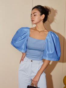 Blusa cuadrada de manga abullonada de unicolor moderna Filipiniana para mujer, primavera/verano, outfits de verano para mujeres, top corto, casual de negocios para las mujeres - Azul - Ver 4