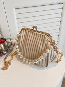 Túi xách mini đính ngọc trai giả trang trí khóa Kiss, Túi xách nữ công sở thường ngày, Hoàn hảo cho văn phòng, kinh doanh và công việc - Màu Khaki - Xem 1