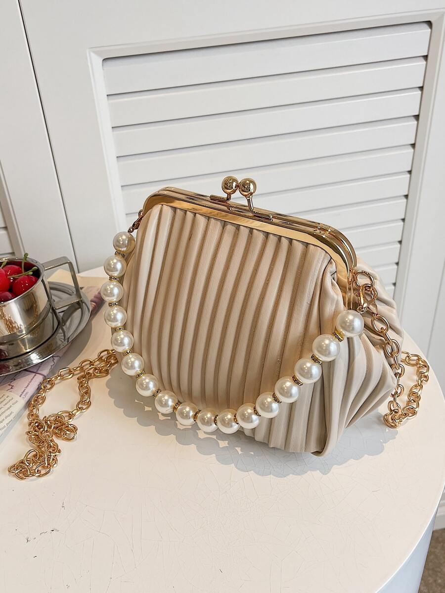 Túi xách mini đính ngọc trai giả trang trí khóa Kiss, Túi xách nữ công sở thường ngày, Hoàn hảo cho văn phòng, kinh doanh và công việc - Màu Khaki - Xem 1