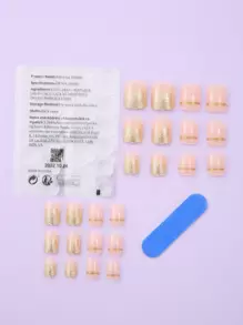 VV MEI JIA ER Elevate Your Style with 24pcs Short Square Glitter Gold Metallic Striped Fake Nail & 1pc Nail File & 1sheet Tape - Multicolor - View 2