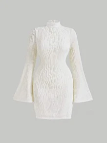 SHEIN MOD 小高領喇叭袖連衣裙 - 米色 - 查看 1