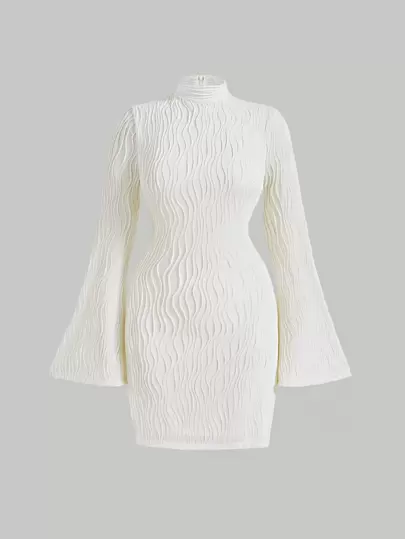 SHEIN MOD Women Solid Color Textured Stand Collar Flare Sleeve Fitted Mini Dress