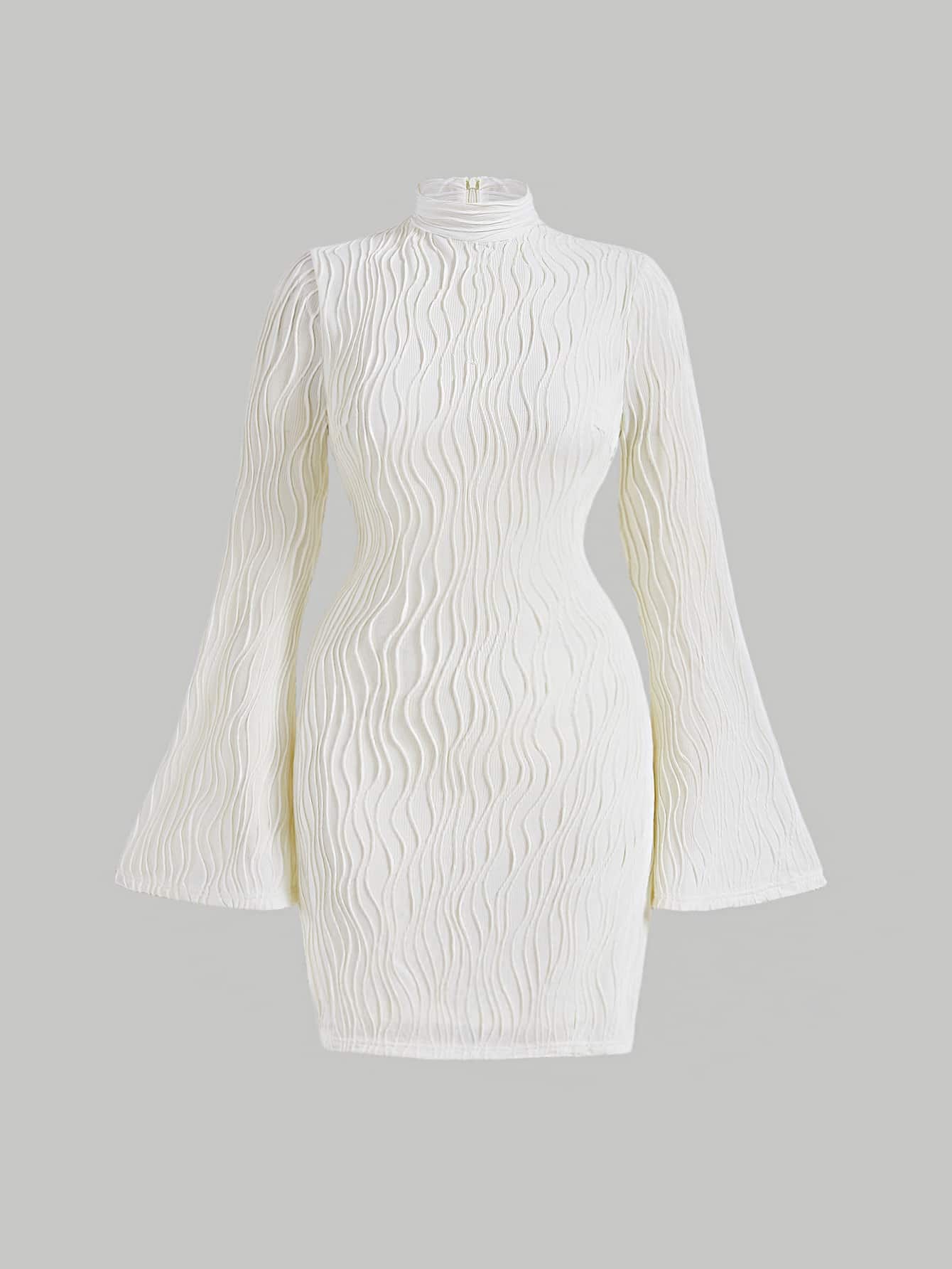 SHEIN MOD 小高領喇叭袖連衣裙 - 米色 - 查看 1