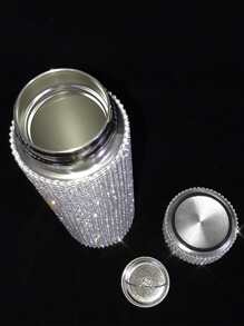 1 pieza Botella termo con diseño de diamante de imitación - Plateado - Ver 3