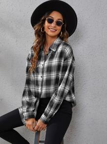 INAWLY 格纹印花落肩衬衫、长袖上衣 - 黑與白 - 查看 7