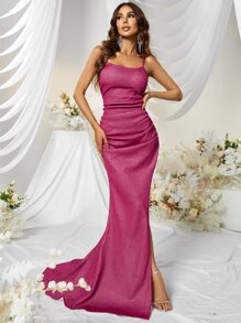 YISIKADO Ruched Side Split Thigh Cami Formal Dress - Hot Pink - View 2