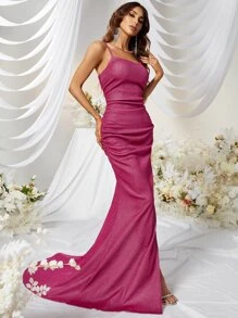 YISIKADO Ruched Side Split Thigh Cami Formal Dress - Hot Pink - View 4