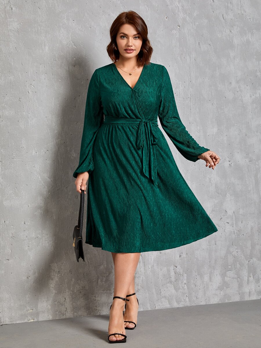 EMERY ROSE Plus Surplice Neck Lantern Sleeve Belted Glitter Dress - Dark Green - View 1