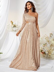 YISIKADO Sequined Single Sleeve Side Hollow Evening Gown With Fish-Tail Hem - Champagne - View 2