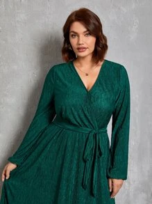 EMERY ROSE Plus Surplice Neck Lantern Sleeve Belted Glitter Dress - Dark Green - View 4