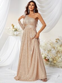 YISIKADO Sequined Single Sleeve Side Hollow Evening Gown With Fish-Tail Hem - Champagne - View 4