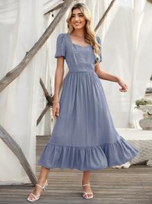 Chiquease Ruffle Hem Puff Sleeve Dress - Dusty Blue - View 1