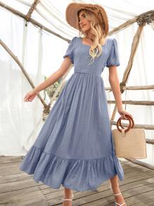 Chiquease Ruffle Hem Puff Sleeve Dress - Dusty Blue - View 3