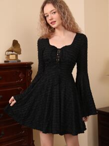 SHEIN MOD Textured Knot Front Flounce Sleeve Dress - Black - View 3