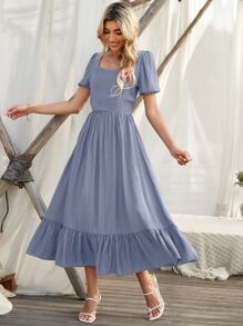 Chiquease Ruffle Hem Puff Sleeve Dress - Dusty Blue - View 5