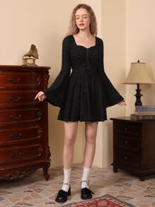 SHEIN MOD Textured Knot Front Flounce Sleeve Dress - Black - View 5