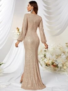 YISIKADO Surplice Neck Wrap Hem Sequin Prom Dress Elegant Long Sleeve Formal Evening Wedding Guest Gown, For Graduation, Dinner Party Dress