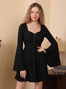 SHEIN MOD Textured Knot Front Flounce Sleeve Dress - Black - View 6