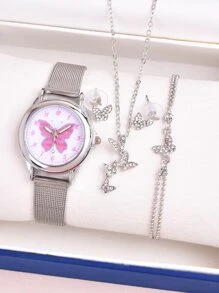 Set 1 pieza reloj cuarzo de esfera con patrón de mariposa con 4 piezas joya - Plateado - Ver 1