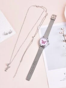 Set 1 pieza reloj cuarzo de esfera con patrón de mariposa con 4 piezas joya - Plateado - Ver 2