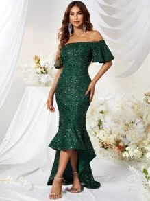 YISIKADO 一字肩魚尾裙下擺亮片正式洋裝