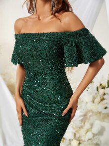 YISIKADO 一字肩魚尾裙下擺亮片正式洋裝