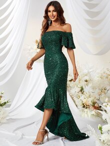 YISIKADO 一字肩魚尾裙下擺亮片正式洋裝