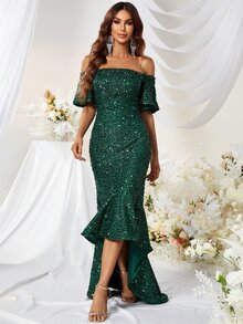 YISIKADO 一字肩魚尾裙下擺亮片正式洋裝