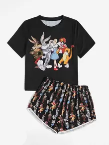 WB 100th | ROMWE Cartoon Graphic Tee & Shorts PJ Set, School - Black - View 5