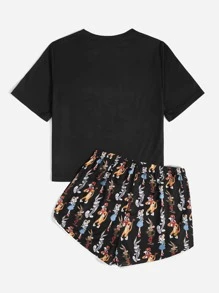 WB 100th | ROMWE Cartoon Graphic Tee & Shorts PJ Set, School - Black - View 4
