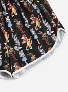 WB 100th | ROMWE Cartoon Graphic Tee & Shorts PJ Set, School - Black - View 2