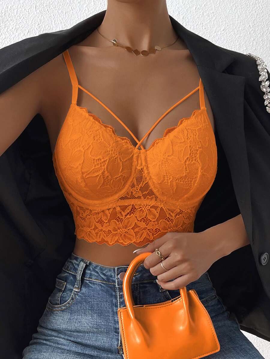 Chiquease Solid Criss Cross Crop Lace Cami Top - Orange - View 1
