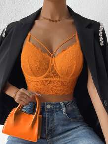 Chiquease Solid Criss Cross Crop Lace Cami Top - Orange - View 3