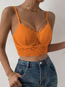 Chiquease Solid Criss Cross Crop Lace Cami Top - Orange - View 4
