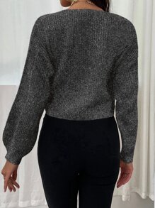 SHEIN Unity Jersey de manga farol con cordón fruncido delantero - Gris Oscuro - Ver 2