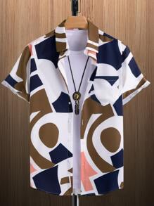 Manfinity Homme 男士幾何印花補丁貼口袋襯衫不帶T恤 - 彩色 - 查看 1