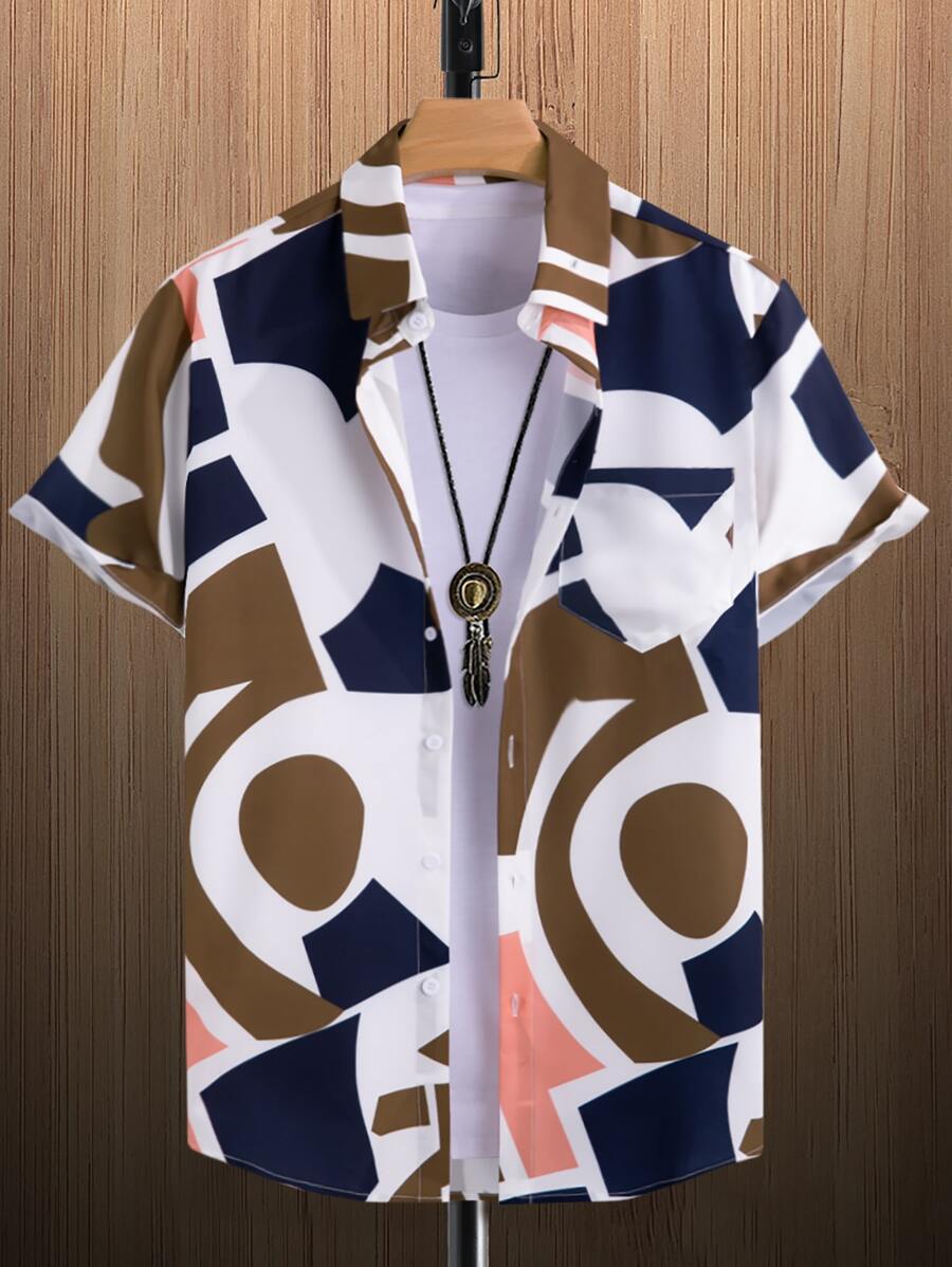 Manfinity Homme 男士幾何印花補丁貼口袋襯衫不帶T恤 - 彩色 - 查看 1