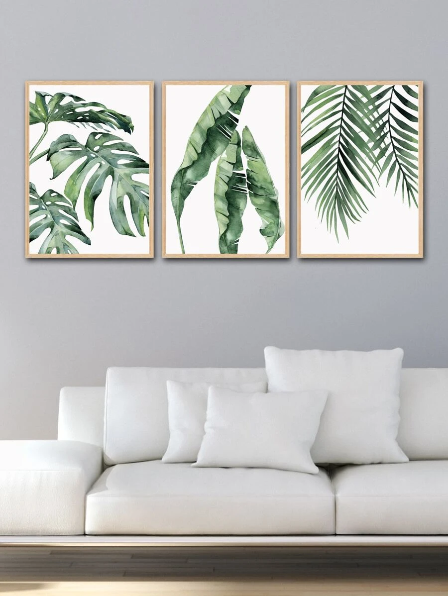 3pcs Leaf Print Unframed Painting - Green - View 1
