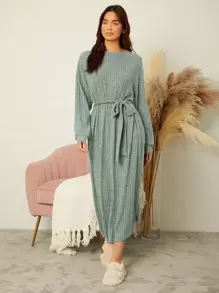 Mulvari 雜色針織條紋針織落肩袖繫腰帶連衣裙 - 薄荷綠 - 查看 1