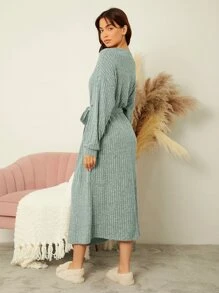 Mulvari 雜色針織條紋針織落肩袖繫腰帶連衣裙 - 薄荷綠 - 查看 2