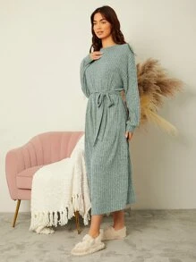 Mulvari 雜色針織條紋針織落肩袖繫腰帶連衣裙 - 薄荷綠 - 查看 3