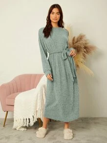 Mulvari 雜色針織條紋針織落肩袖繫腰帶連衣裙 - 薄荷綠 - 查看 4