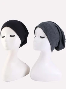 2pcs Solid Slouchy Beanie Bonnet Hair Bonnet Turban - Multicolor - View 3