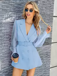 SHEIN Privé Áo khoác  âu phục nữ Thắt lưng Tương phản Mesh Nút đôi màu trơn Thanh lịch - Màu xanh nhạt - Xem 1