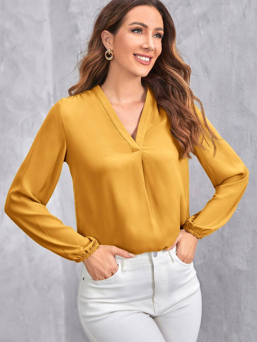SHEIN Clasi V領燈籠袖素色上衣 - 芥末黃 - 查看 1