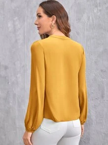 SHEIN Clasi V領燈籠袖素色上衣 - 芥末黃 - 查看 2