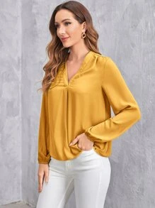 SHEIN Clasi V領燈籠袖素色上衣 - 芥末黃 - 查看 3